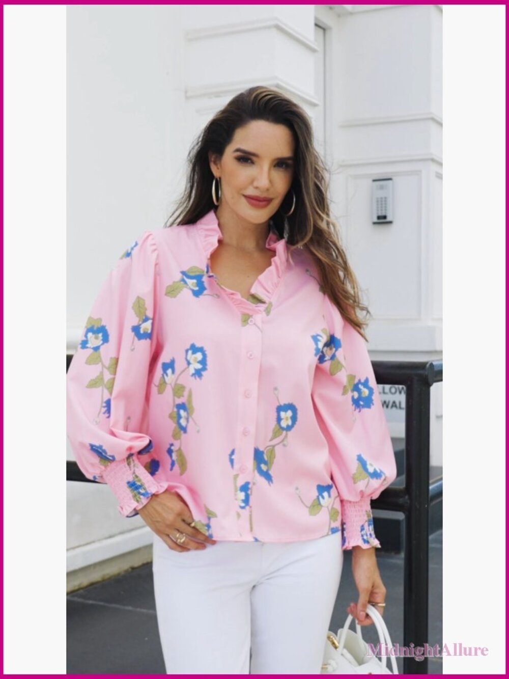 V Neck Floral Puff Sleeve Blouse Boho Button Down Shirt Dressy Casual - Picture 7 of 7